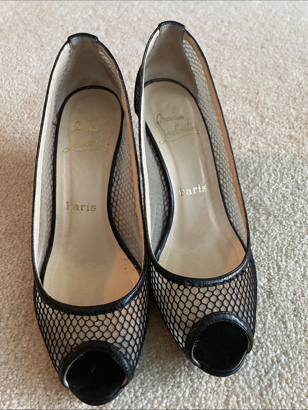 Black Mesh Peep-Toe Pumps with Red Soles - Picture 2 of 7